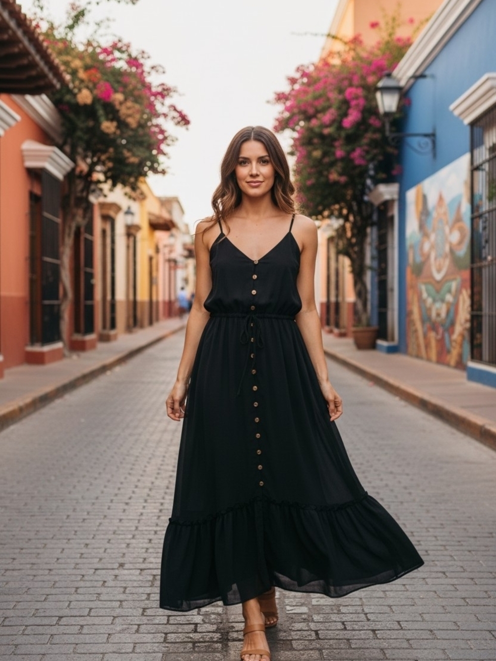 Black Button-Front Maxi Dress with Spaghetti Straps